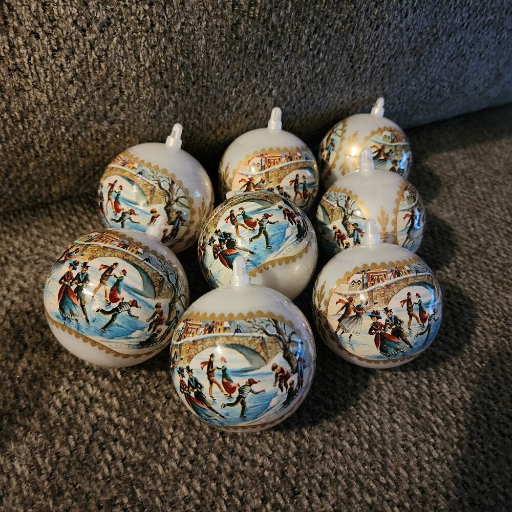 Vtg Bradford Novelty Ornaments Unbreakable Rauch Balls Ice Skating Set of 8